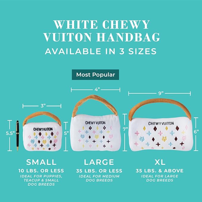 Haute Diggity Dog Chewy Vuiton Handbag Plush Squeaky Dog Toy, Soft Durable Designer-Inspired Stuffed Puppy Chew Toys for Small & Medium Dogs, Machine-Washable (White) Large