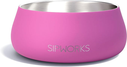 Sipworks Stainless Steel Dog Bowl – 32oz Weighted Metal Food and Water Bowls for Dogs and Cats with Non-Slip Base - Pet Bowls for All Breeds Sizes for Travel & Outdoor Play | Hot Pink