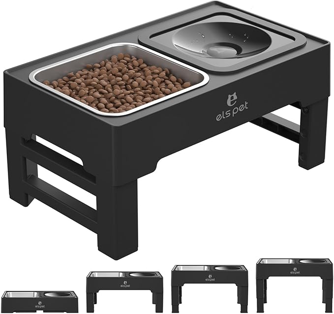 ELS PET Elevated Dog Bowls, Adjustable Raised Dog Bowls with No Spill Dog Water Bowl and Stainless Steel Feeder, Sturdy Non-Tip, Joint-Friendly Removable Bowls for Small Medium Large Dog, Cat & Pet