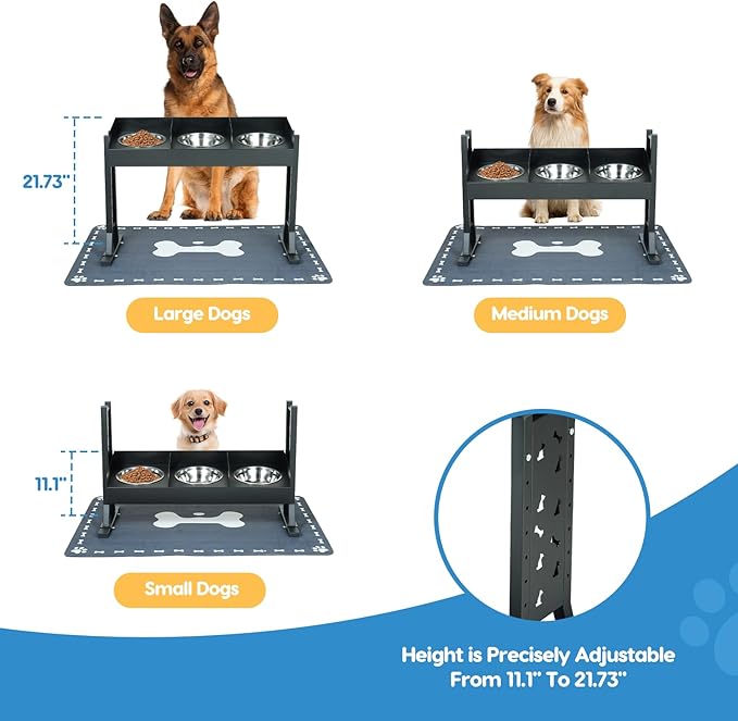 Elevated Dog Bowls for Large Breeds, Triple Dog Bowl Stand with 3 Stainless Steel Bowls, Adjustable Raised Dog Feeding Station, Slow Feeder Anti-Gulping Design, Heavy Duty