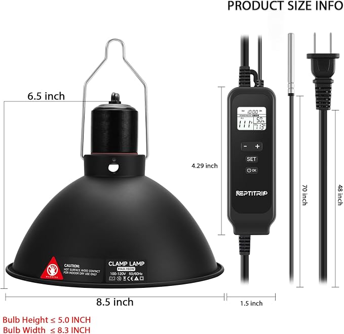REPTITRIP 8.5" Reptile Heat Lamp Fixture with PID Dimming Thermostat, Independent Day Night Temperature Control, MAX 150W (Bulb Not Included)