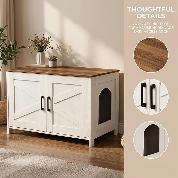Homhedy Cat Litter Box Enclosure,Litter Box Furniture Hidden with Barn Door,Wooden Cat Washroom Furniture,Fit Most of Litter Box, Rustic White and Brown