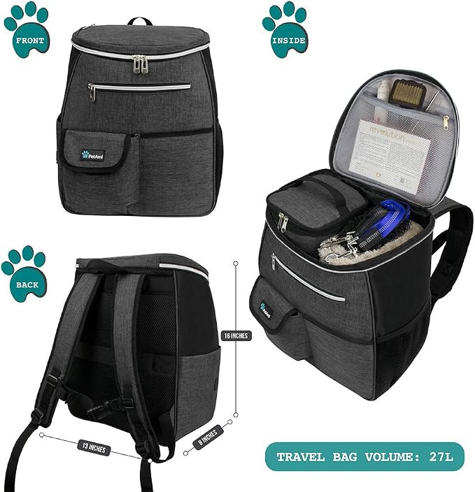 PetAmi Dog Travel Bag Backpack, 27L Airline Approved Pet Supplies Organizer with 2 Food Containers, 2 Collapsible Bowls & Poop Bag Dispenser, Weekend Road Trip Camping Dog Mom Gift, Dark Gray
