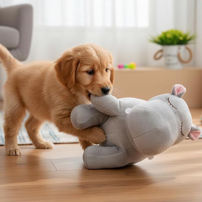 3T GROUP Puppy Heartbeat Toys Sleep Aid,Dog Heartbeat Toy for Puppy Essentials Stuffed Animal Anxiety Relief Comfort Pillow Calming Puppy Toys Hippo(Gray)