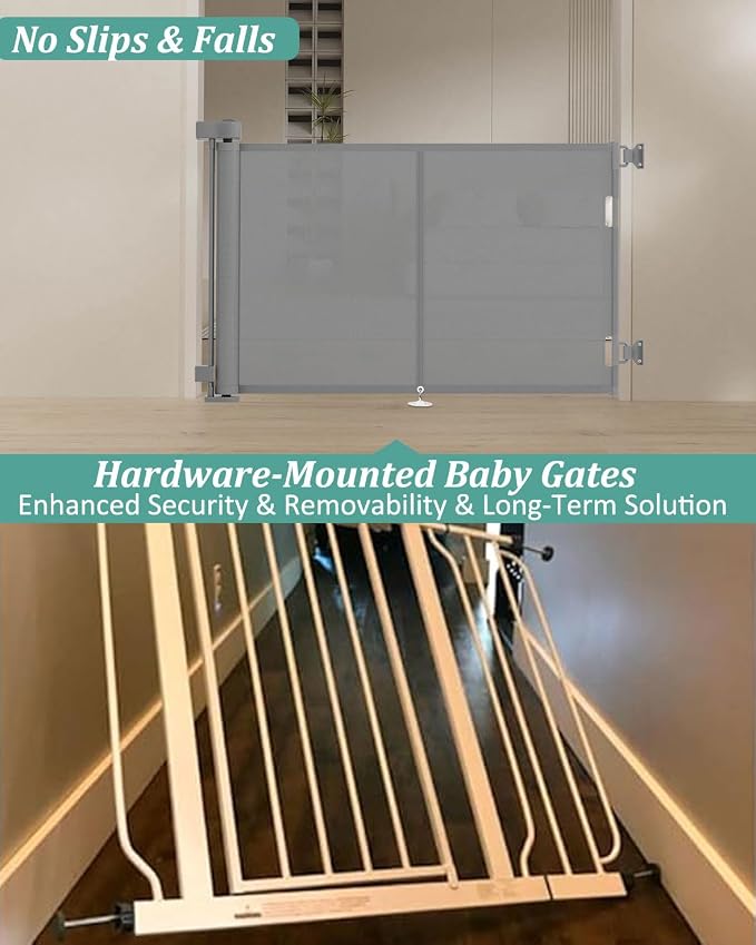 Miumoon 59 inch Retractable Baby Gates 34 inch Tall, Retractable Gate with Reinforced Strip Design to Prevent Crawling Through, 5 FT Retractable Dog Gate for Stairs, Doorways, Hallways, Indoor/Outdoor
