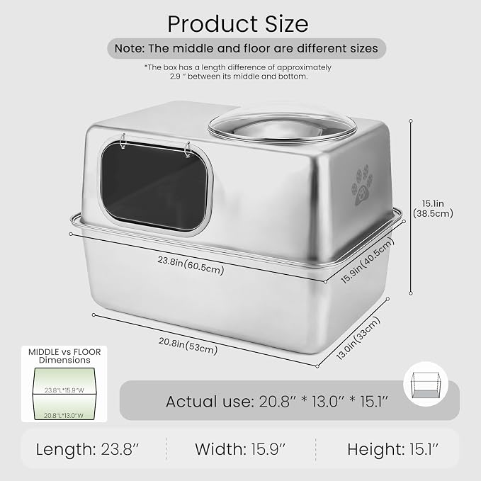 Ptlom Enclosed Stainless Steel Cat Litter Box with Lid, Extra Large Metal Litter Box, Leak-Proof High Sided Covered Litter Box for Kitties & Multi Cats, Non-Stick, Includes Litter Mat & Scoop