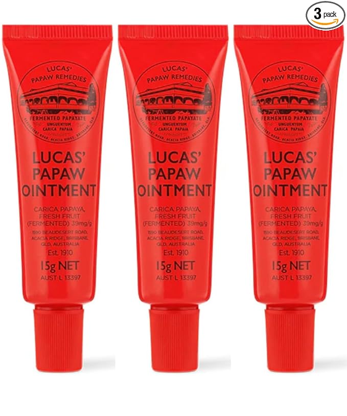 Lucas Papaw Ointment 15g Tubes with Lip Applicator — 3 Pack — Fermented Papaya Lip Balm for Dry, Chapped Lips, Travel Size, Made in Australia