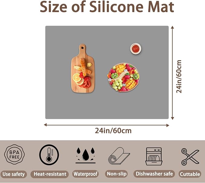 24''x24''(60cmx60cm) Silicone Mat for Kitchen Counter, Non-Slip Heat Resistant Countertop Protector, Waterproof Durable Kitchen Mat for Countertops, Islands (Semitransparent)
