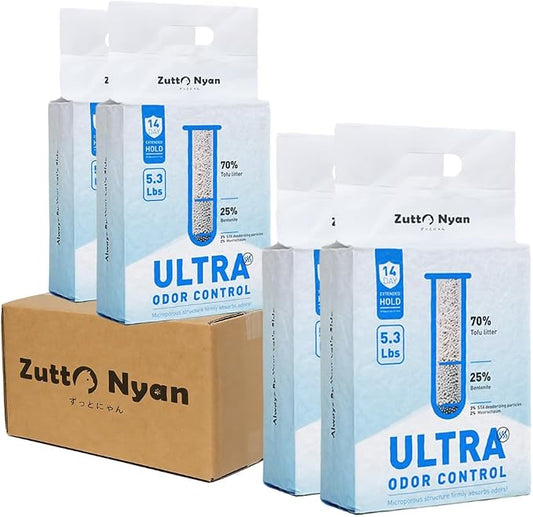 Zutto Nyan 4 in 1 Tofu Cat Litter - Fast Clumping, Flushable, Low Tracking, 99.9% Dust Free. Nature Plant-Based Pellets and Bentonite Sustainable,Ultra Odor Control (5.3lb x 4 Bag)