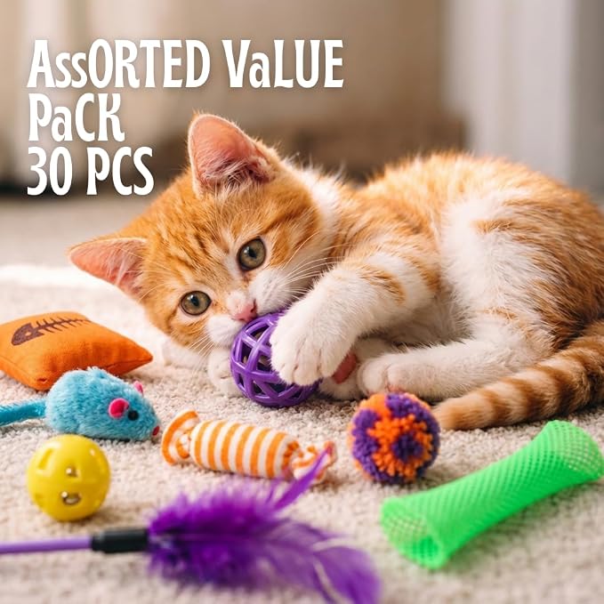 Kitty Catnip Toys- 60 Interactive Cat Toys for Indoor Cats & Kittens – Crinkle Balls, Sparkle Pom Pom Balls, Spiral Springs, Cat Mice, Teaser Wand, Kitten Toys - Variety Pack