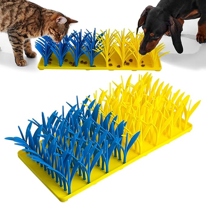 Silicone Grass Mat for Cats & Dogs, Snuffle Mat for Dogs Cats, Slow Feeder Dog Bowl, Interactive Sniff Foraging Mats for Dog Cat Pet, Nosework Training Foraging Pad- Blue & Yellow1
