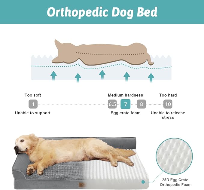 COZY KISS Orthopedic Dog Bed for Medium Small Size Dog, Dogs Crate Bed, L Shaped Foam Anti-Slip Bottom Pet Cat Sofa with Washable Removable Cover, Suitable for Pet Up to 40 lbs, 30x20x6.5 inch, Grey