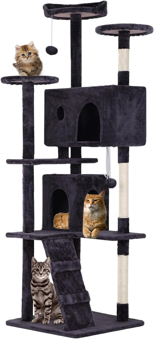 FDW | 70" Cat Tree Tower | Ashy | Multi-Level Indoor Activity Center with Sisal Scratching Posts, Condos, Plush Perches, Hanging Cat Toys | Sturdy, Easy to Assemble | for Kittens & Adult Cats
