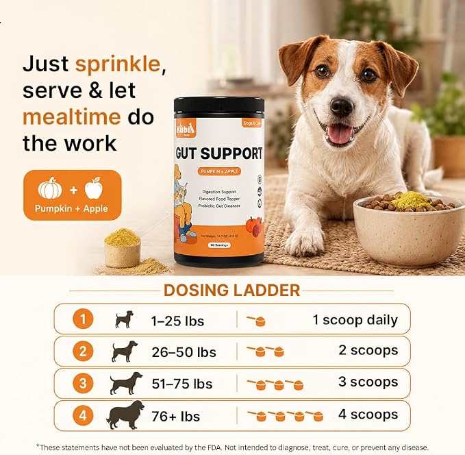 Pumpkin Gut Support for Dogs – Digestive Health Supplement with Natural Fiber & Probiotics, 60 Servings | Kubi Pets