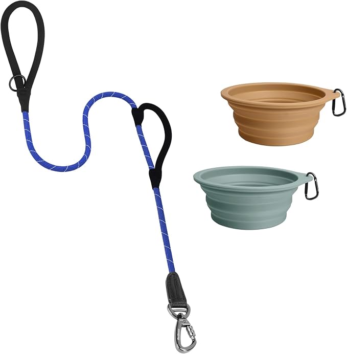 PetBonus Double Handle Rope Dog Leash and 2-Pack Large Silicone Collapsible Dog Bowls