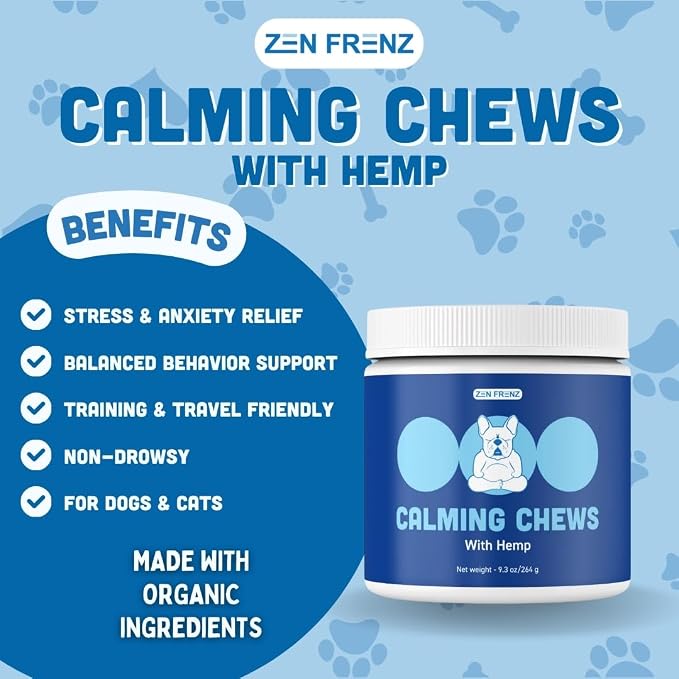 Zen Bites - Calming Chews for Pets - 120 Count - Organic Hemp Soft Chews for Dogs & Cats - Stress Relief - Promotes Relaxation - Thunderstorms - Fireworks - Travel Friendly