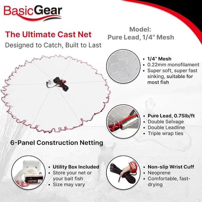 BasicGear Cast Net | Lead, 3ft-12ft Radius, 3/8 or 1/4 inch Mesh for Freshwater and Saltwater Bait Fish| Professional Grade and Upgraded Material | Throw Style