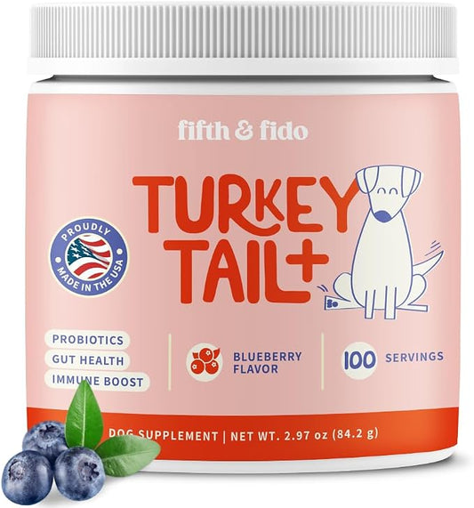 Fifth & Fido Turkey Tail Mushroom for Dogs - Lipoma Treatment for Dogs - Mushroom Supplement for Lumps & Bumps with Probiotics & Immune Support - Dog Food Topper Made in USA, 30 Servings (Blueberry)