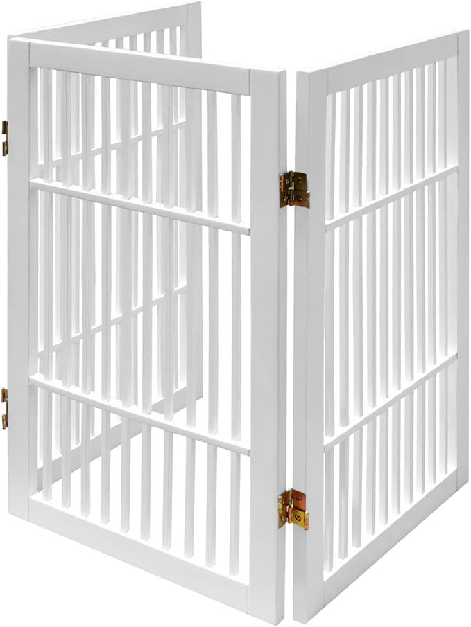 Urnporium Pet Dog Gate Freestanding, Strong Durable Folding Wooden Fence, Portable Acacia Hardwood Safety Barrier for Indoor & Outdoor Use (White Pet Gate, 3 Panel 30" Tall)