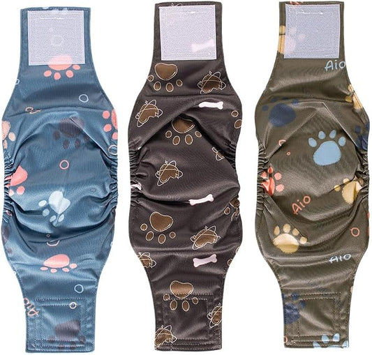 AIO Washable Male Dog Belly Band Pet Diapers Cute Claws Washable Male Puppy Diapers Belly Bands Reusable Dog Diapers XL(Blue Claws,Brown Heart,Brown Claws)