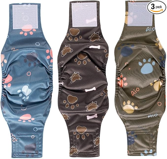 AIO Washable Male Dog Belly Band Pet Diapers Cute Claws Washable Male Puppy Diapers Belly Bands Reusable Dog Diapers S(Blue Claws,Brown Heart,Brown Claws)