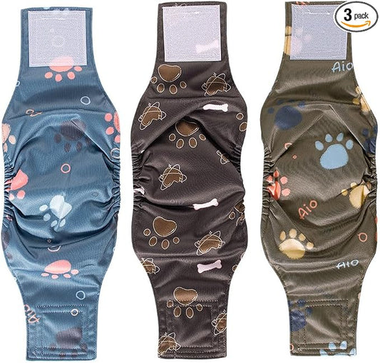 AIO Washable Male Dog Belly Band Pet Diapers Cute Claws Washable Male Puppy Diapers Belly Bands Reusable Dog Diapers S(Blue Claws,Brown Heart,Brown Claws)