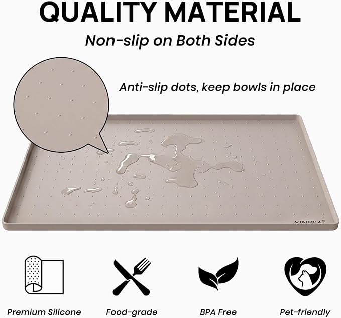 YINEYA Silicone Dog & Cat Food Mat Waterproof 22" x 14", Raised Edge Dog Bowl Mat for Food and Water, BPA-Free Non-Slip Pet Feeding Mats for Floors, Multifunctional Silicone Mat (Taupe)