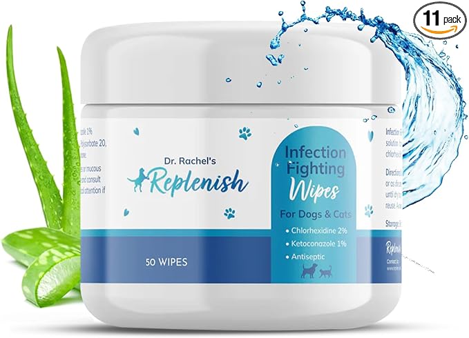 Replenish Antiseptic Wipes for Dogs and Cats - Dog Medicated Wipes with Chlorhexidine and Ketoconazole - Pet Grooming Wipes - Dog Allergy Wipes for Itch Relief, Hot Spots & Skin Irritation - 50 Count