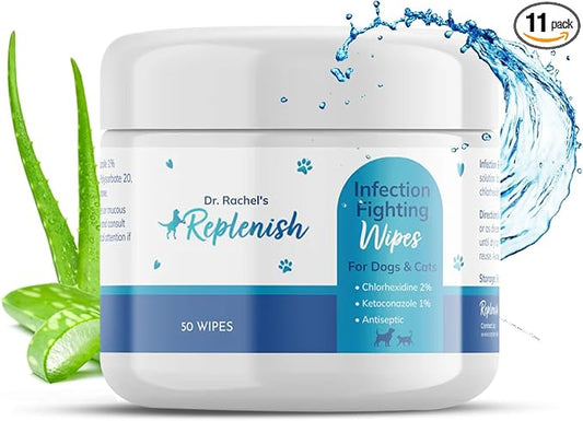 Replenish Antiseptic Wipes for Dogs and Cats - Dog Medicated Wipes with Chlorhexidine and Ketoconazole - Pet Grooming Wipes - Dog Allergy Wipes for Itch Relief, Hot Spots & Skin Irritation - 50 Count