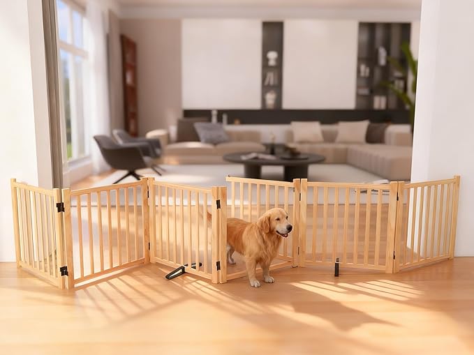 YOCAN Non-Painted Wooden Freestanding Dog Gates with Door for The House,Doorways, Stairs,Wood Dog Fences Indoor Pet Gate,Step Over Fence-8 Panel H:23"