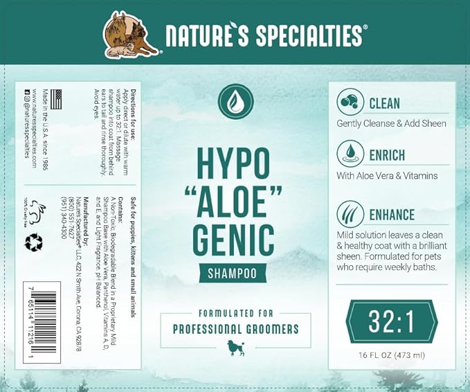 Nature's Specialties Hypoallergenic Ultra Concentrated Aloe Dog Shampoo for Pets, Makes up to 8 Gallons, Natural Choice for Professional Groomers, for Sensitive Skin, Made in USA, 32 oz