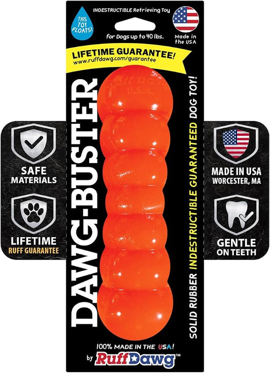 Ruff Dawg Indestructible Dawg-Buster Medium Orange – Heavy-Duty Solid Rubber Dog Chew Stick for Dogs Under 40 lbs – Floats & Bounces – Made in USA