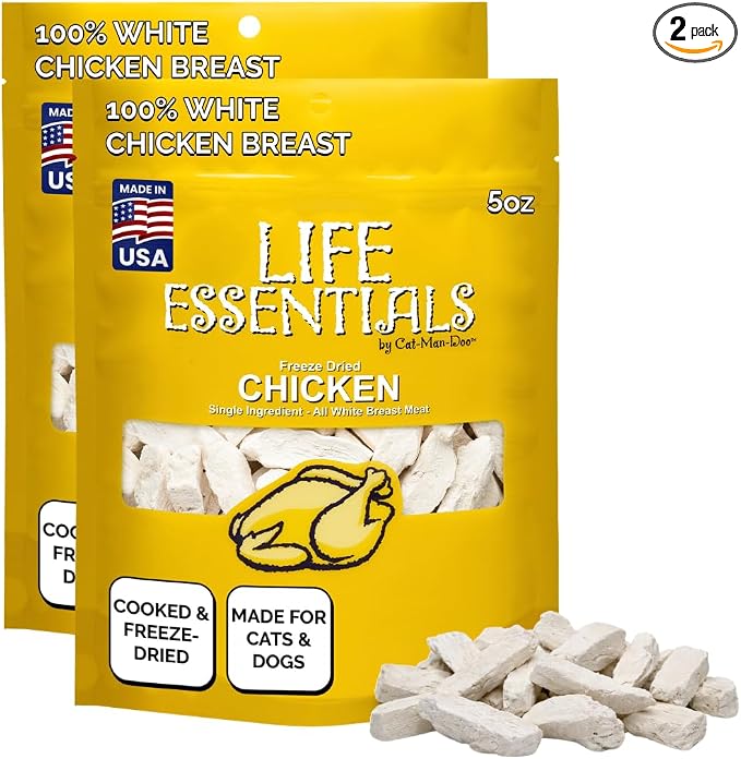 Life Essentials by Cat-Man-Doo | Chicken - 2 Pack of 5oz. Bags | Freeze Dried Chicken Cat & Dog Treats | Healthy, Single Ingredient, Training Treats, High Protein