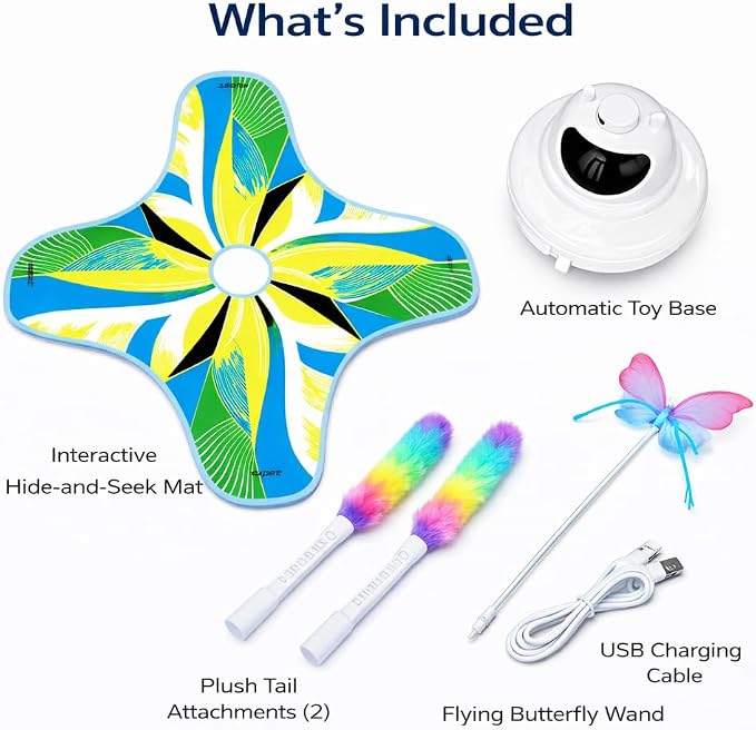 Interactive Cat Toy for Indoor Cats, Rechargeable 3-in-1 Hide and Seek Cat Toy with Spinning Butterfly & Plush Tail, Ultra-Quiet Touch Activated Self Play Cat Exercise Toy for Adult Cats & Kittens
