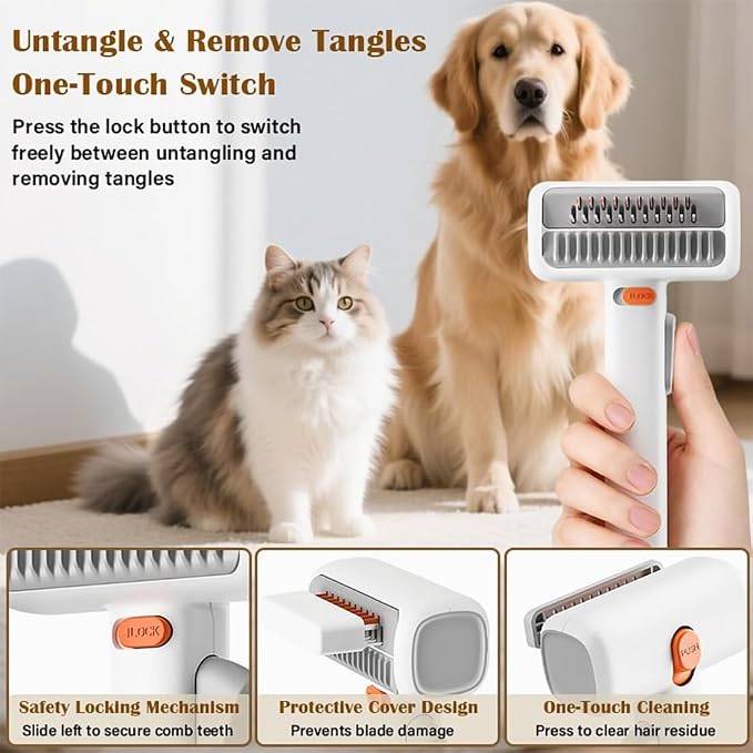 2-in-1 Pet Self-Detangling & Grooming Comb, One-Touch Switch Dematting Comb for Dogs, Undercoat Rake for Dogs, Deshedding Rake Dog Detangler Brush for Mats Tangles Loose Fur (1PC)