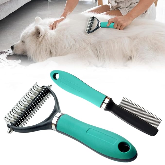 Double Sided Dematting Comb, 2026Undercoat Rake Deshedding Grooming Tool, Pet Hair Detangler Brush for Removing Tangles Knots and Loose Fur, Grooming Comb for Long Thick Coats (1, Green Set)