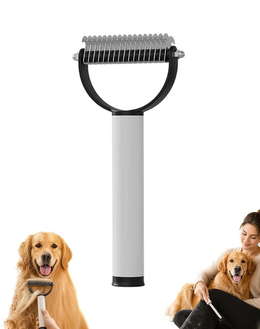 2 in 1 Pet Dematting Comb & Integrated Lint Roller, Stainless Steel Undercoat Rake for Dogs & Cats, Painless Tangle & Mat Remover, Extra Wide Grooming Tool for Long-Haired Breeds (Black)