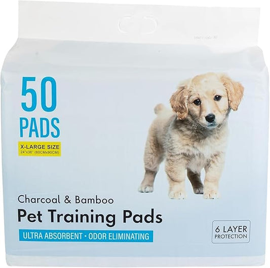 Epsilon Activated Charcoal Bamboo Odor Control Puppy Pads – 50 Count, Large Disposable Pee Pads w/ Super Quick Absorbent & 6-Layer Leak-Proof for Puppies & Cats - 24 x 36