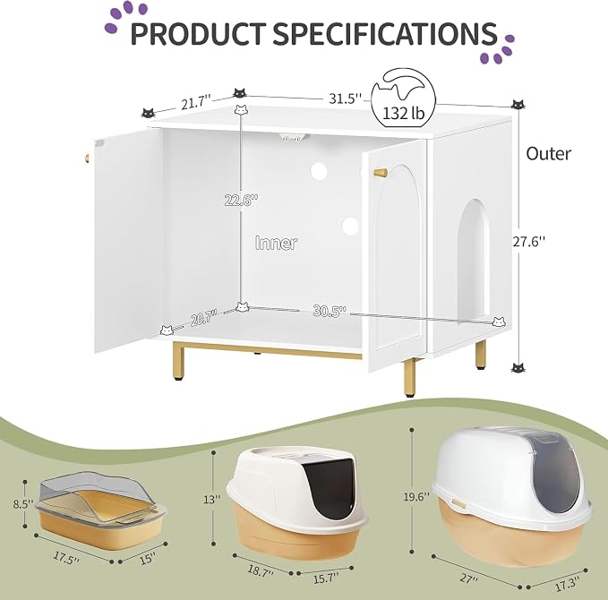 Hzuaneri Cat Litter Box Enclosure, Hidden Litter Box Furniture Cabinet, Wooden Indoor Cat House, Side End Table, Living Room, Bedroom, White and Gold CB85003G