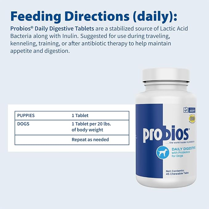 Probios Chewable Tablets for Dogs, Daily Probiotic Supplement for Gut Health, Digestion & Immune Support, Improves Microbiome Balance During Stress, Travel, Chicken Liver, 45 Count (Pack of 2)