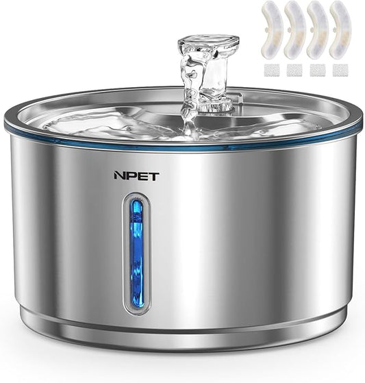 NPET Stainless Steel Cat Water Fountain, 1Gallon/135oz Automatic Pet Drinking Fountain Dog Water Dispenser with 4 Replacement Filters for Cats Indoor