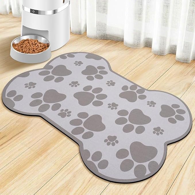 Dog Food Mats for Floors Waterproof, Pet Feeding Absorbent Water Bowl Mat Cat Placemats Gray Bone Shape 25.5 * 17 inch