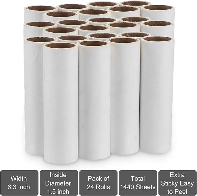 6.3 inch Wide Lint Roller Refills, Value Pack 24 Rolls Extra Sticky Lint Rollers Refill, Pet Hair Sticky Roller Refills for Floor, Couch, Carpet, Bed, Clothes(Pack of 24, Total 1440 Sheets)