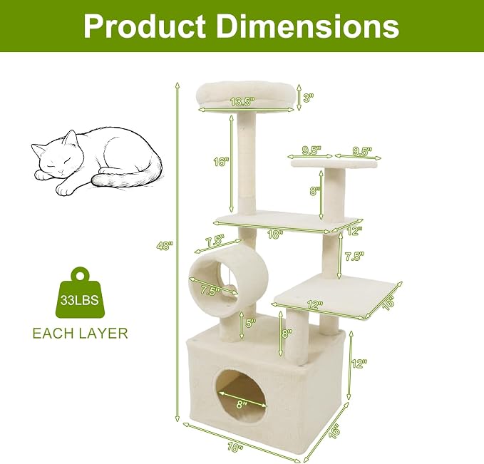 Tangkula Cat Tree Tower, 48 Inch Multi-Level Cat Tower with Large Condo, Sisal Scratching Post, Padded Top Perch, Tunnel, Hanging Ball, 3 Jumping Platforms for Indoor Cats (Beige)