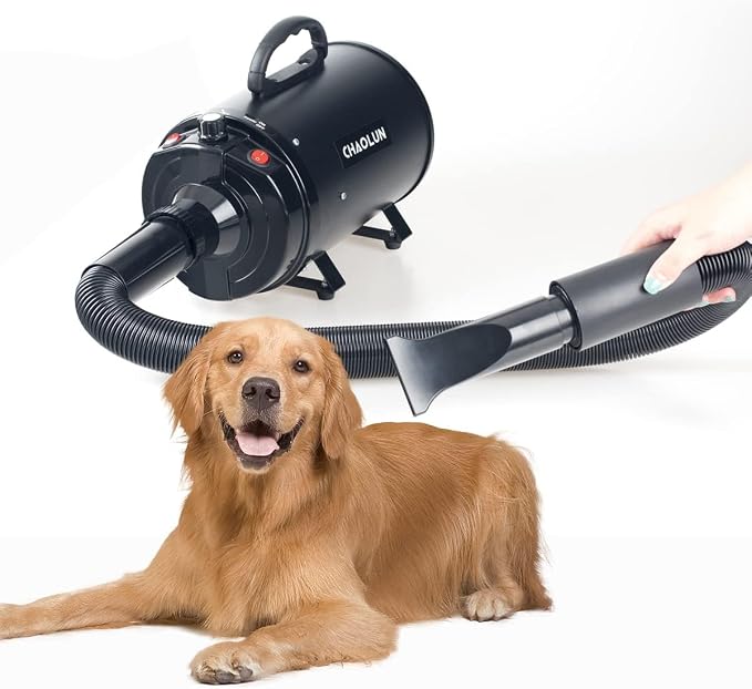 Dog Dryer for Pet Grooming, High Velocity Pet Hair Dryer with Heater, Adjustable Speed, 3 Nozzles and a Comb, Black