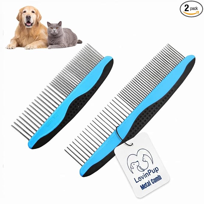 Pet Metal Comb for Dogs and Cats (2-Pack) - Stainless Steel Rounded Teeth for Painless Detangling - Dual-Spacing for Small & Large Pets with Comfort Grip Handle - Professional Grooming Tools