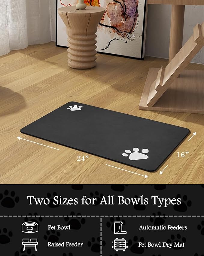 Pet Feeding Mat-Absorbent Dog Mat for Food and Water Bowl-No Stains Quick Dry Water Dispenser Mat-Dog Accessories Pet Supplies-Bowl for Messy Drinkers（Black,16"x24"