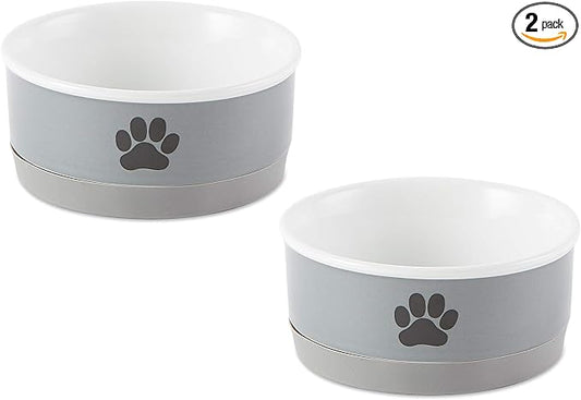 Bone Dry Ceramic Bone & Paw Pet Collection, Dishwasher Safe, Small Bowl, 4.25x2, Gray, 2 Count