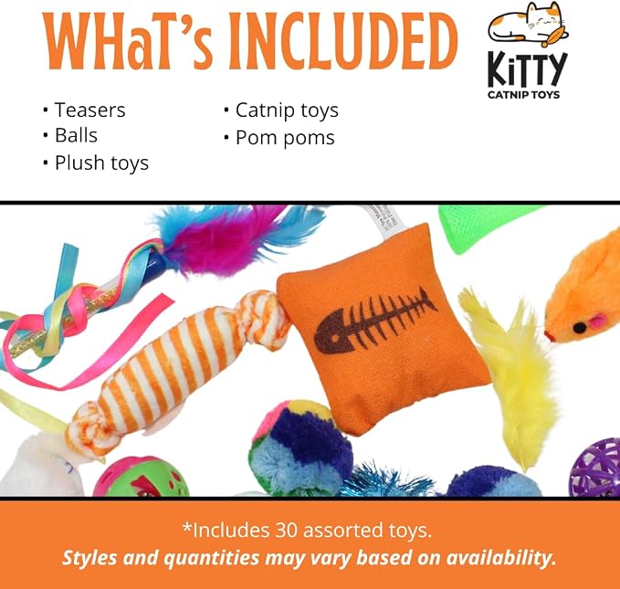 Kitty Catnip Toys- 30 Interactive Cat Toys for Indoor Cats & Kittens – Crinkle Balls, Sparkle Pom Pom Balls, Spiral Springs, Cat Mice, Teaser Wand, Kitten Toys, Cat Accessories - Variety Pack