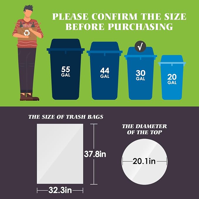 Teivio 30-33 Gallon 300 Counts Large Multipurpose Trash Bags Sturdy Garbage Bags,30 Gal 31 Gal 32Gal 33 Gal 35 Gal,Leaf Bags Outdoor Commercial Trash Can Liner for Construction Sites(Clear)